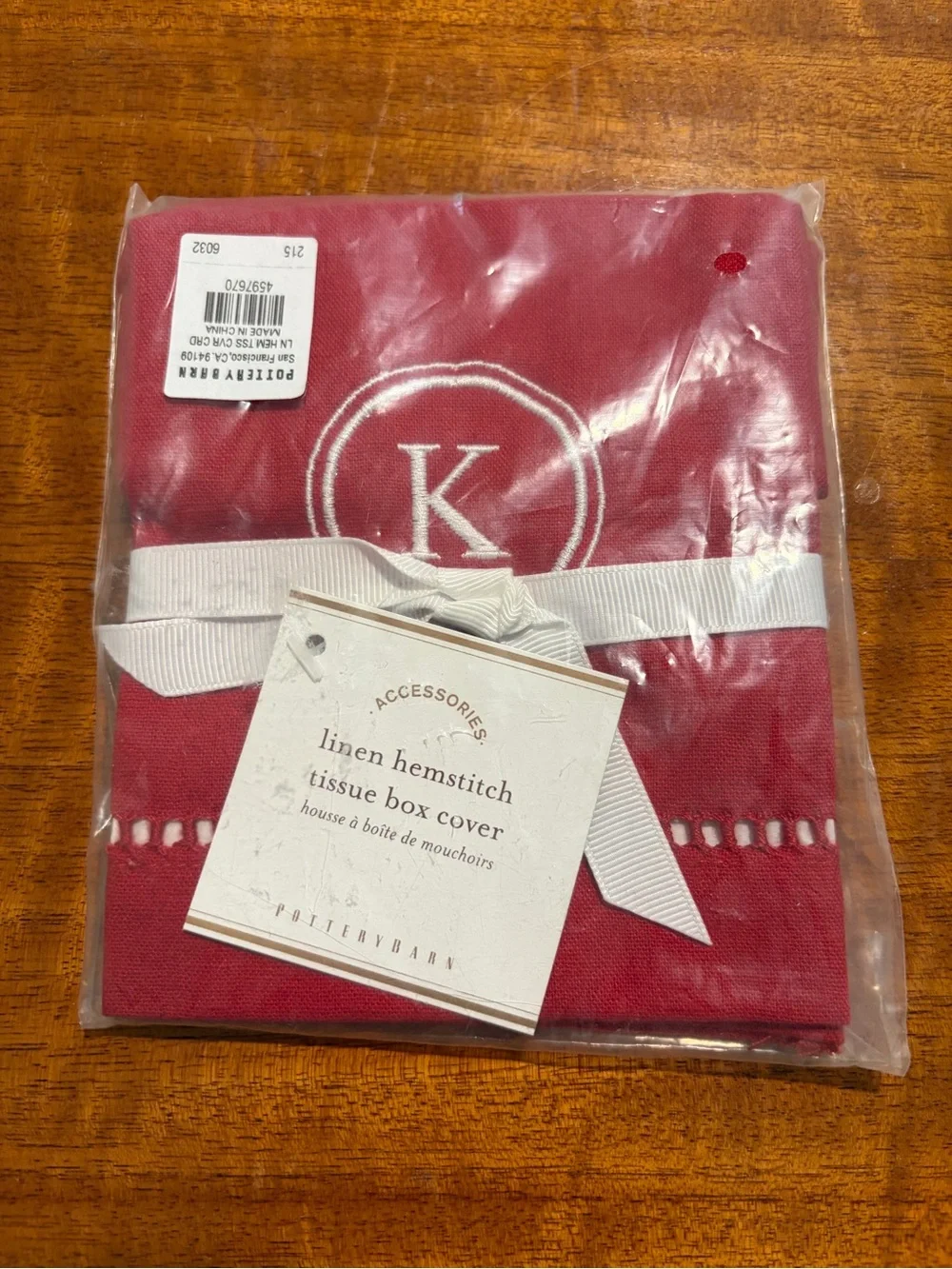 Pottery Barn Red Linen Hemstitch Tissue Box Cover with White Ribbon and Monogram